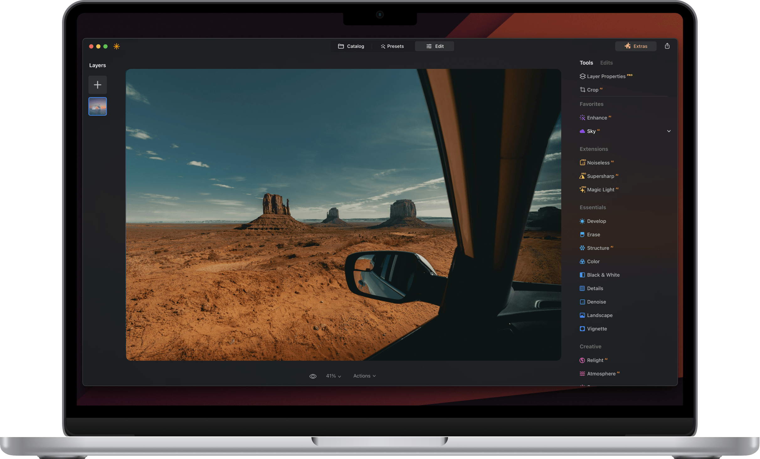 Luminar photo editor interface - Editing on MacOS