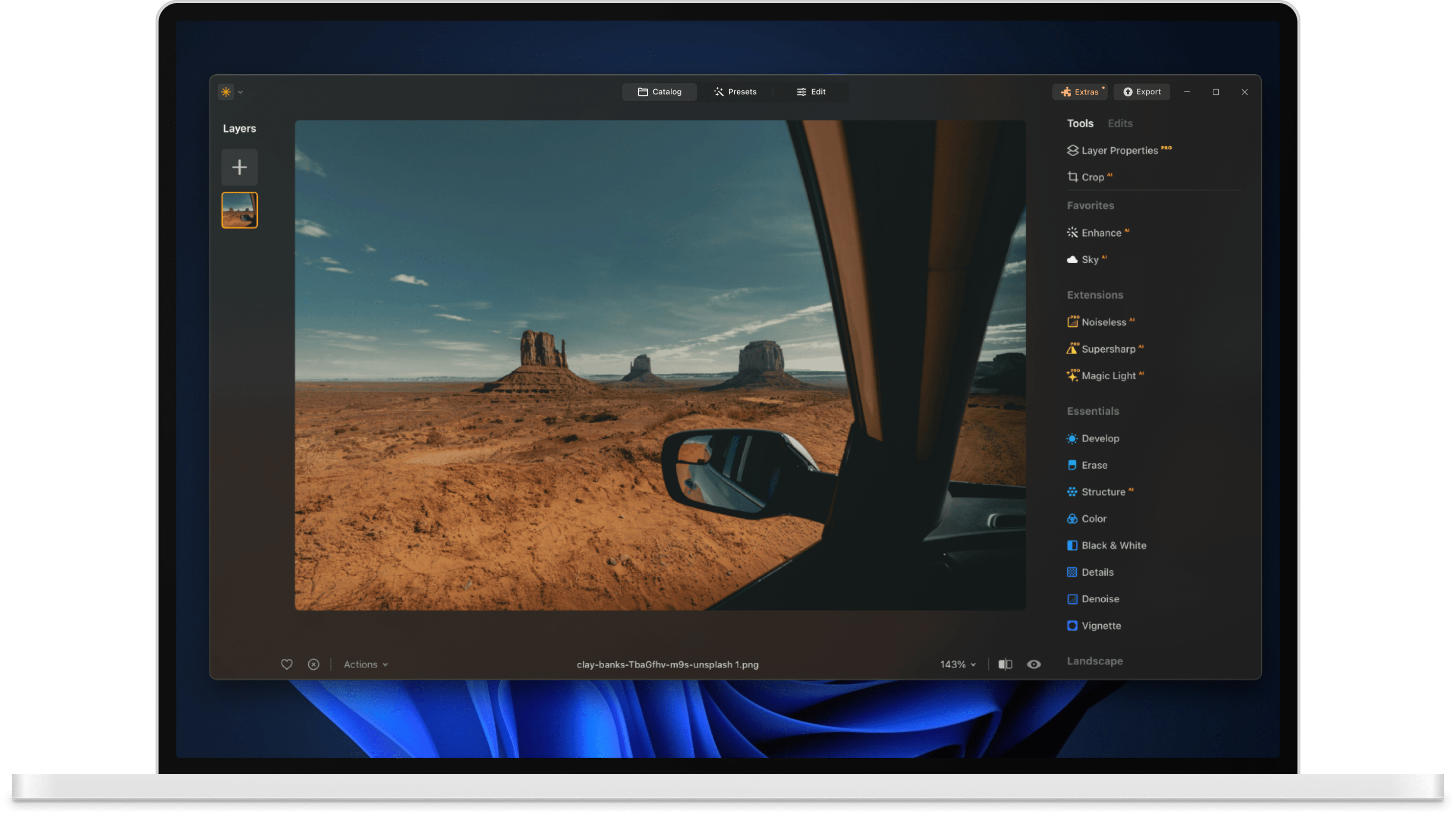 Luminar photo editor interface - Editing on Windows