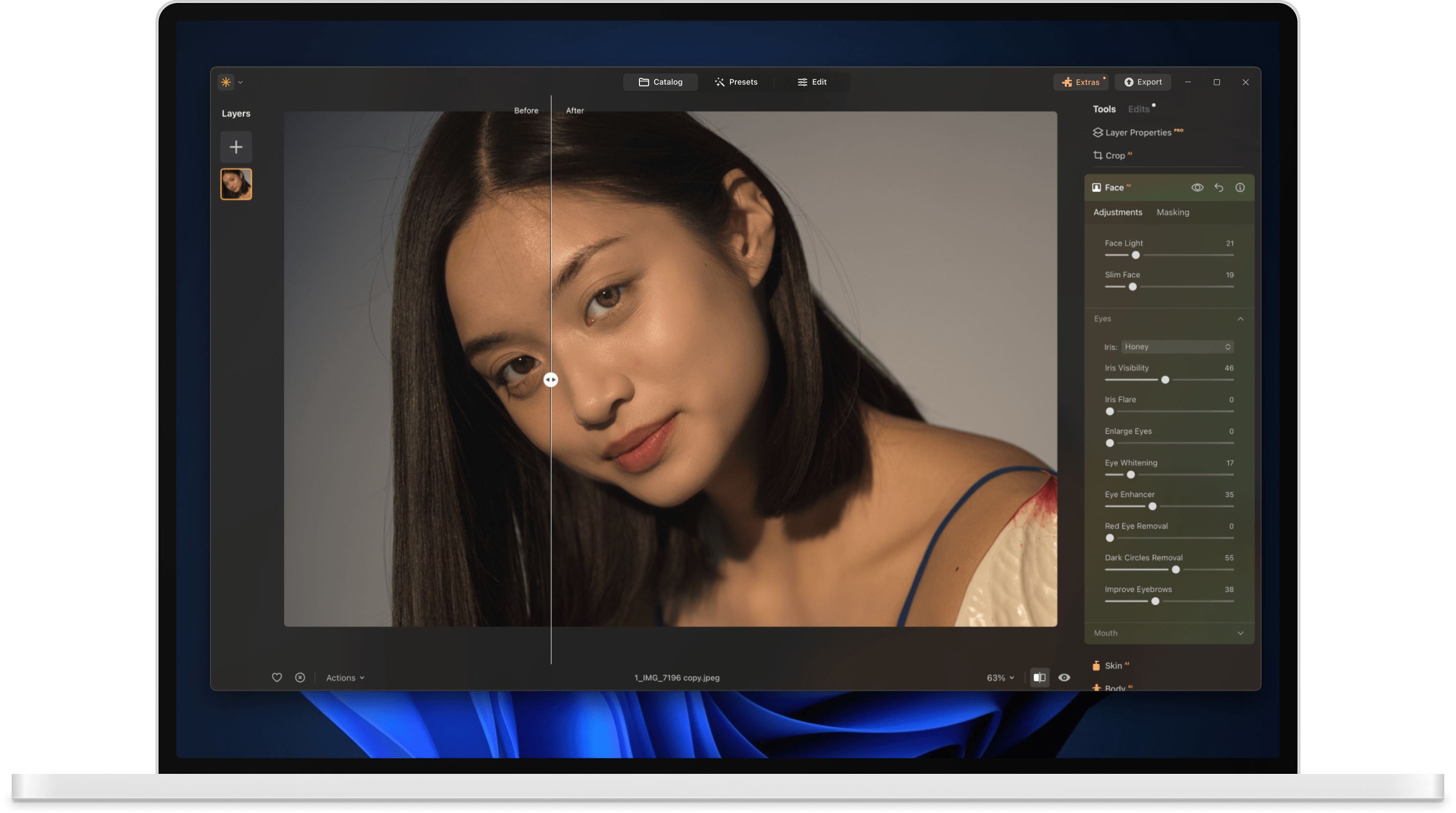 Luminar photo editor interface - Presets on Windows